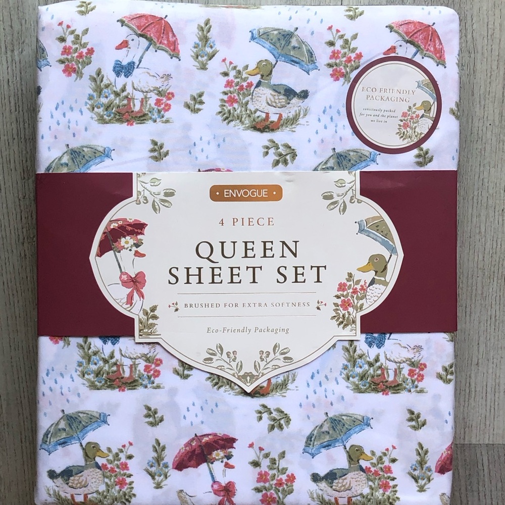 Envogue Queen white Sheet Set - with Umbrella Duck Goose Print Floral